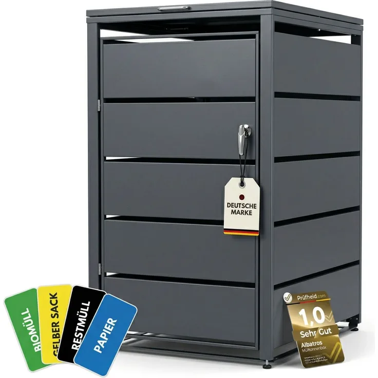 Mülltonnenbox 1er Tonne | bis 240 Liter | Anthrazitgrau RAL 7016 | verzinkter Stahl | Premium Dämpfer| Aufkleber-Set | wetterfest