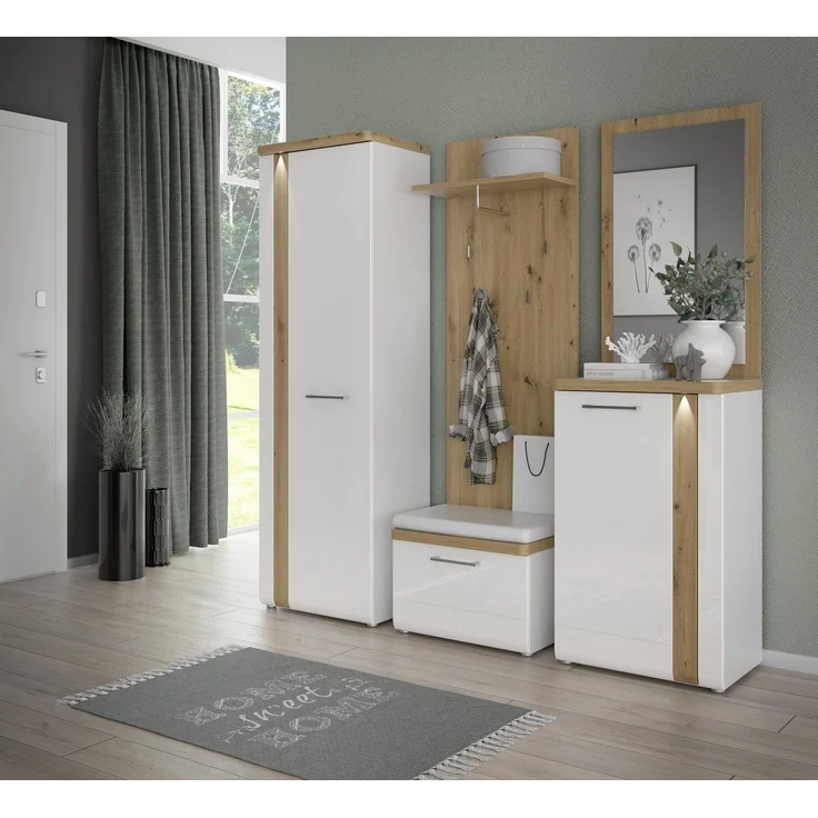 Garderobenschrank >TULUZA< LED, 2 Türen, Weiß / Artisan Eiche Dekor - 60,3x100x43,4cm (B/H/T) – Bild 1