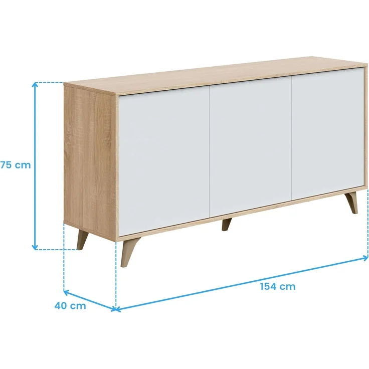 Habitdesign, modernes Sideboard mit 3 Türen – Buffet für Wohnzimmer oder Esszimmer, Beistellschrank mit viel Stauraum in Artik weiß & Eiche, Maße: 154 x 75 x 40 cm (B x H x T), Modell Kikua Plus – Bild 3