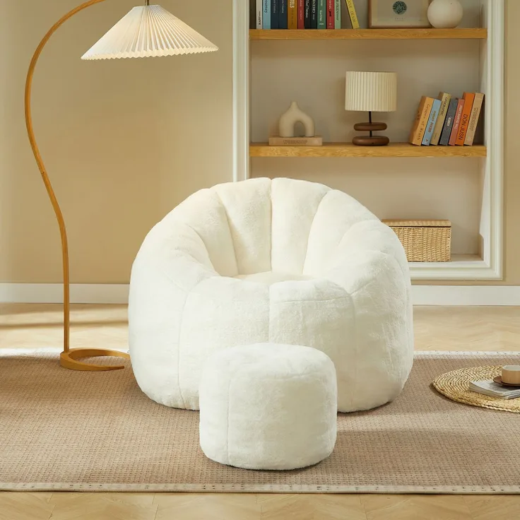 Blütensitzsack mit Fußhocker, Plüschbezug, 105x105x70 cm, Cremeweiß