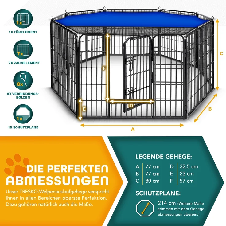 TRESKO® Welpenlaufstall mit Dach & Erdankern, 8-teilig, faltbar mit Tür, Aufbau werkzeugfrei, wetterfest, 60 cm hoch – Bild 5