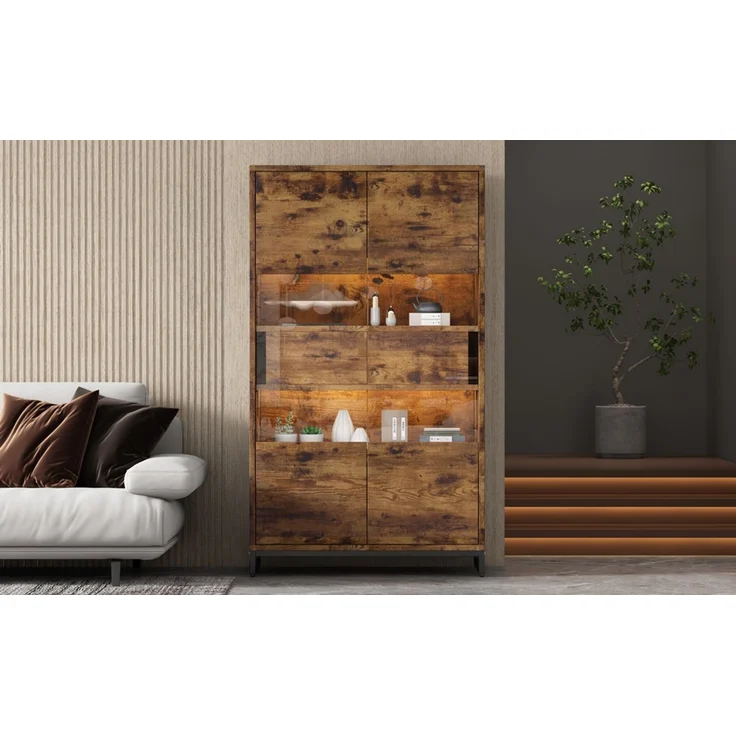 ZUBALIYA Vitrine (80 x 40 x 138 cm), 2 Türen und 2 Schubladen, LED - Beleuchtung, Transparente Elemente, Beige / Naturfarben / Schwarz – Bild 23