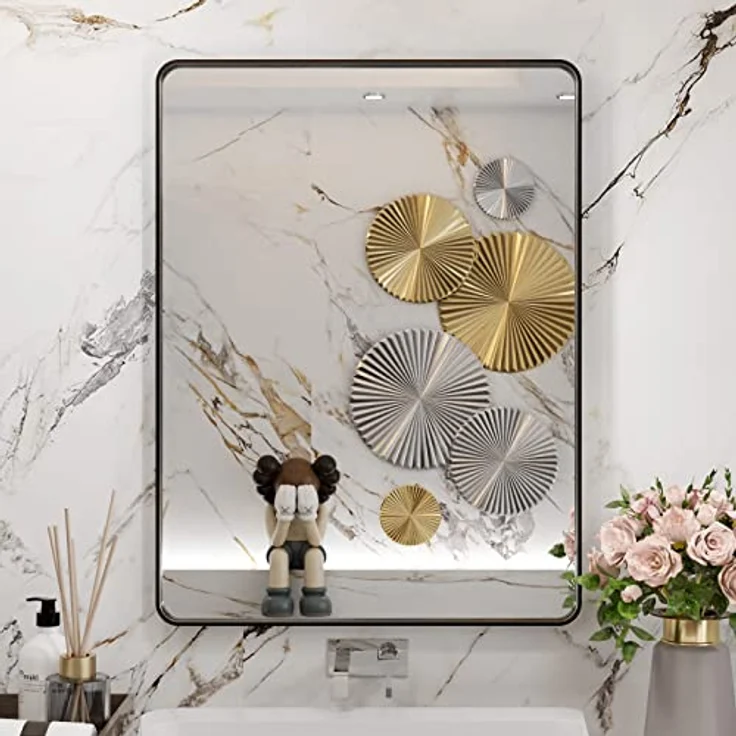 WEER Schwarzer Badezimmerspiegel, 61x81 cm, rechteckiger schwarzer Metallrahmen, mattschwarzer Badezimmer-Schminkspiegel mit gehärtetem Glas, abgerundete Ecken, rostfrei (horizontal/vertikal) – Bild 3