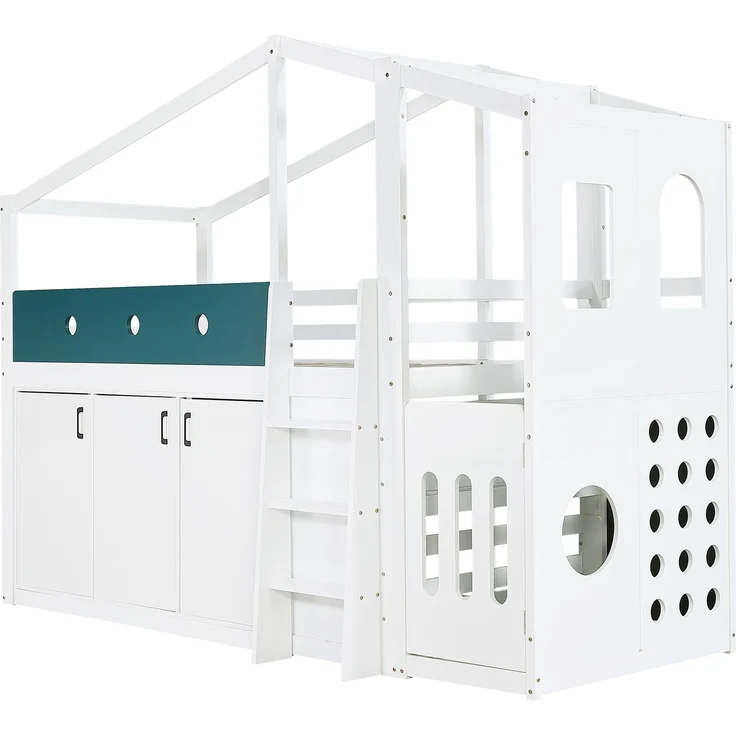 Halbhohes Kinderbett 90x200 cm in Hausform mit Spielbereich und Stauraumschrank – weiß – Bild 8