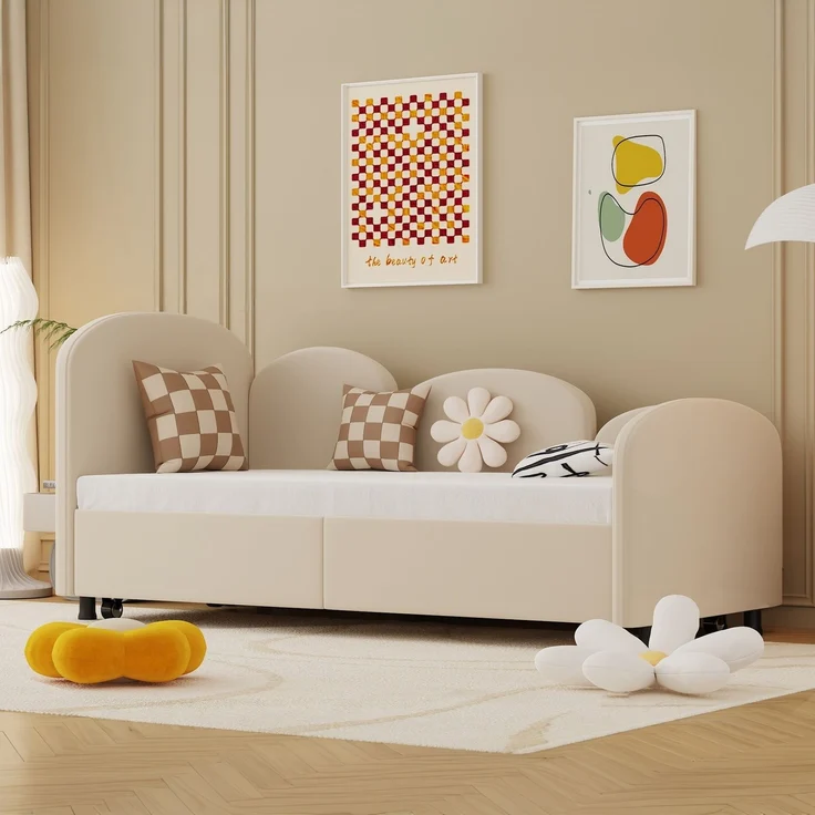 Kinderbett Blumenform, Kinderbett aus Samtstoff mit Sicherheitsrand, Massivholzrahmen, ausziehbare Schublade 90x200 cm,Beige – Bild 4