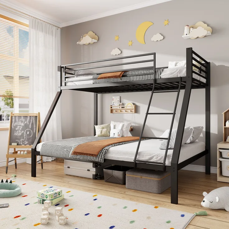 EINHOM Etagenbett Metall 90/140 x 200 cm – Familienbett & Stockbett mit Rausfallschutz, Sicherheitsleiter & Lattenrost, Stabile Konstruktion, Geräuscharm, für Kinder, Jugendliche & Erwachsene, Schwarz (Ohne Matratze)