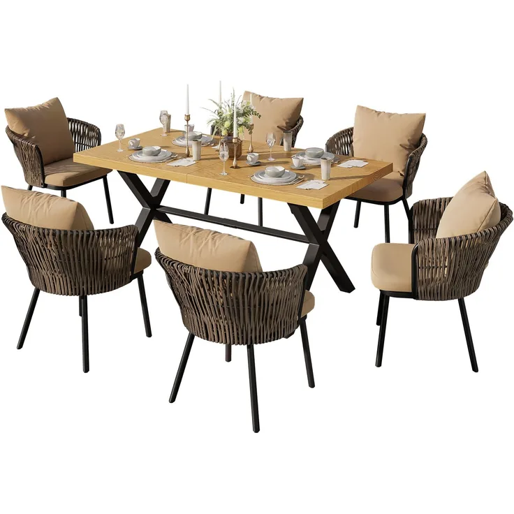 LVHOM Garten-Sitzgruppe für 6 Personen, Gartenmöbel Set inklusive Gartentisch & 6 Rattan-Sessel, Aluminium-Rahmen, Skandinavisches Design