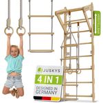 Juskys Sprossenwand für Kinder - mit Klimmzugstange, Indoor Klettergerüst mit Turnringen und Strickleiter, Kletterwand fürs Kinderzimmer, Turnstange