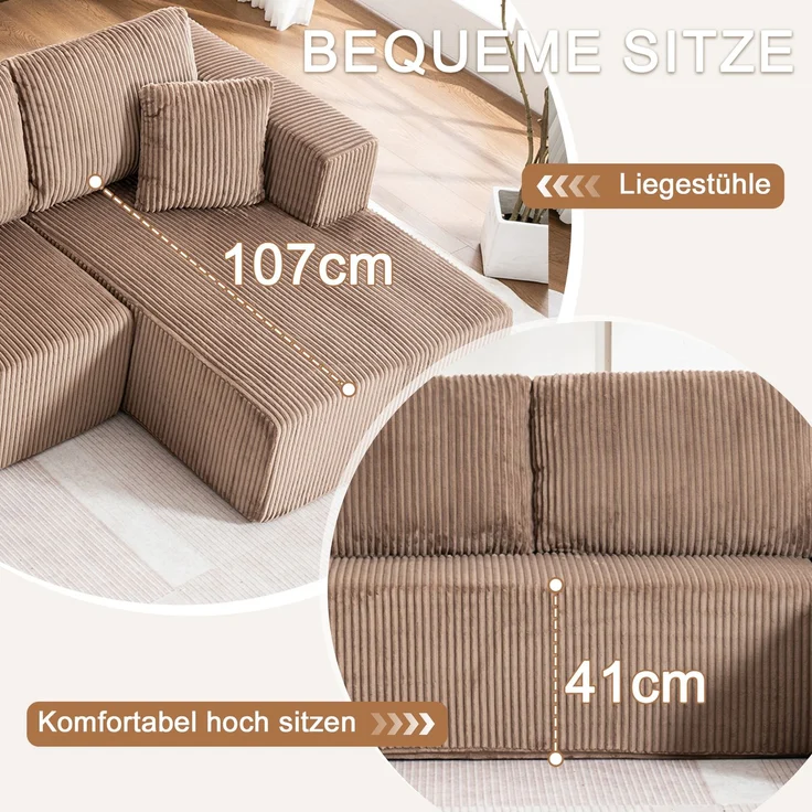 Schlafsofa U-Form 332x156x88 cm Braun aus Corduroy, mit Schlaffunktion, 4 großen und 2 kleinen Kissen – Bild 9