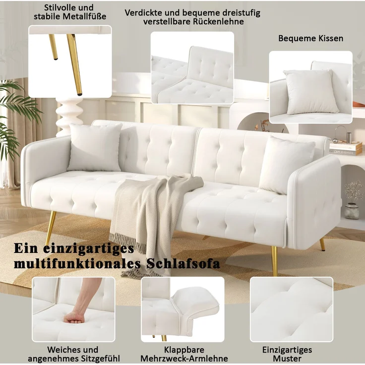 Sofabett 2-in-1 Samt,Zweisitzer mit verstellbarer Rückenlehne & Armlehnen, zum Gästebet,Weiß – Bild 5