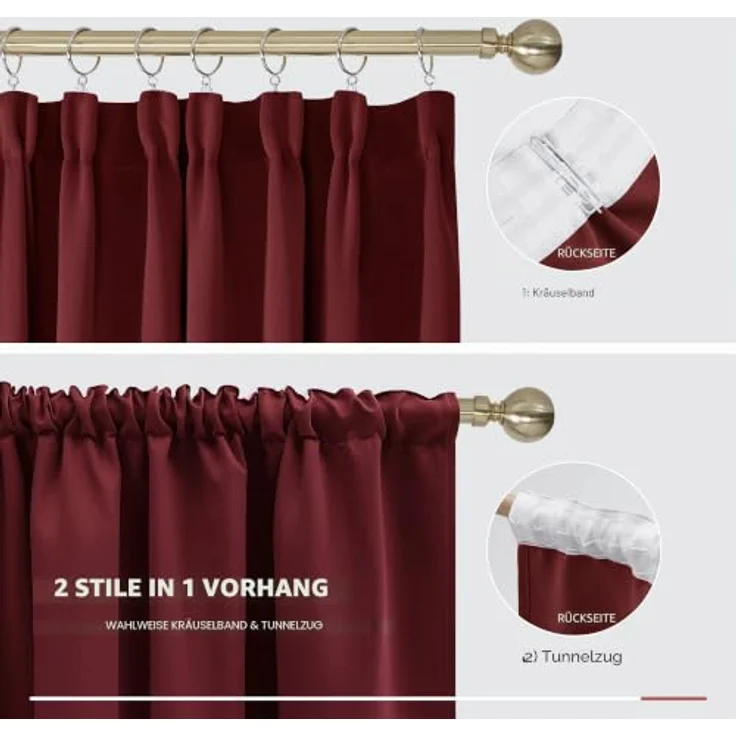 Deconovo Vorhänge Wohnzimmer mit Kräuselband Blickdicht Schallschutz Rot | 2er Set, H 290 x B 140 cm, Thermogardine Wärmeisolierend, Schlafzimmer Vorhänge, für Thermal Curtain, UV-schutz, Übergardinen – Bild 5