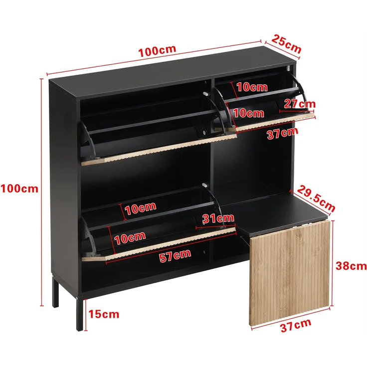Schuhschrank aus MDF mit ausziehbarer Sitzbank & Klappen, 100x25x100 cm, Schwarz/Natur – Bild 6