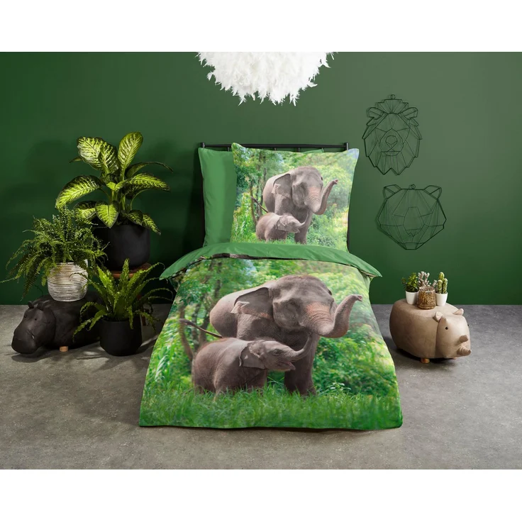Good Morning Kinder Bettwäsche 135x200 Elephants Elefanten Wende grün 30754 – Bild 1