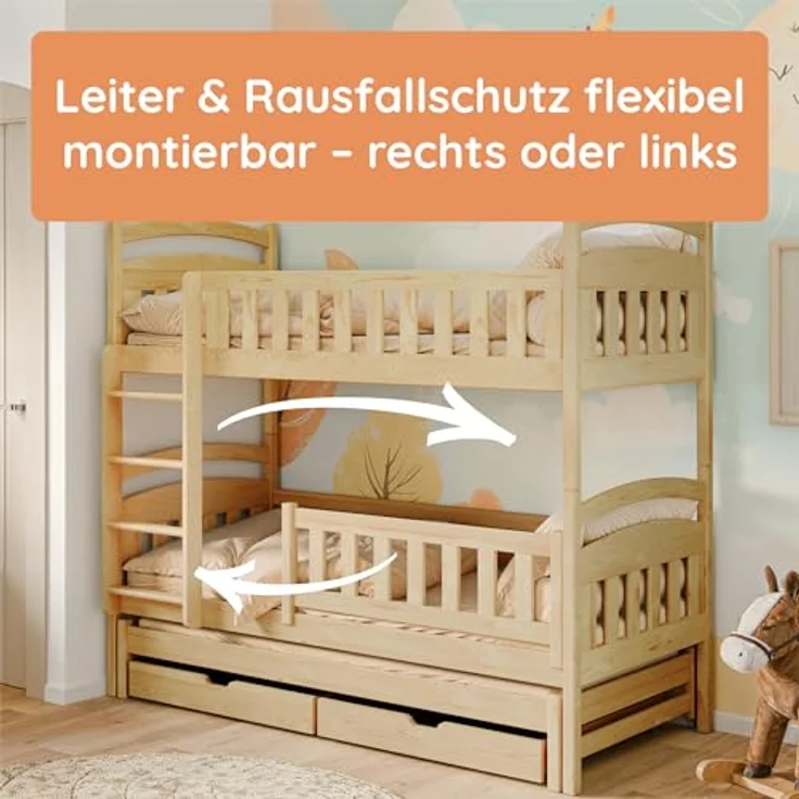 Kids Collective Etagenbett Hochbett Kinderbett 90x200 cm mit Lattenrost und Rausfallschutz, mit Ausziehbett, zwei Schubladen und drei Matratzen, natur – Bild 7