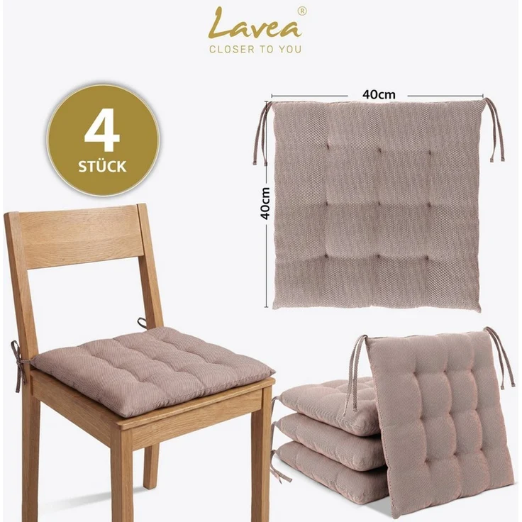Lavea Stuhlkissen Lavea® Sitzkissen & Stuhlkissen 40x40 cm – 4er/8er Set, 40x40x3 cm, mit Stoffbändern, Indoor & Outdoor, für Garten & Balkon – Bild 2