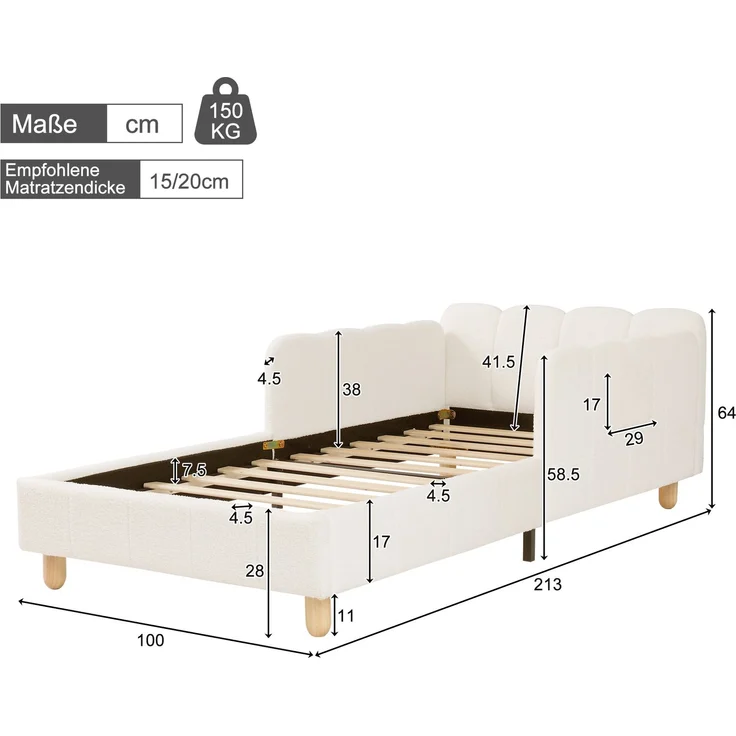 Merax Polsterbett, Einzelbett, Kinderbett 90x200 cm, Bett mit und gepolstertes Kopfteil und Rausfallschutz, Bettbeine aus Massivholz, bouclé, beige – Bild 4