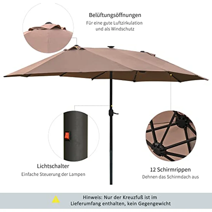 Outsunny Doppelseitiger Sonnenschirm, Braun, Metall, 440x260 cm, mit 36 LED-Leuchten, Sonnen- & Sichtschutz – Bild 5