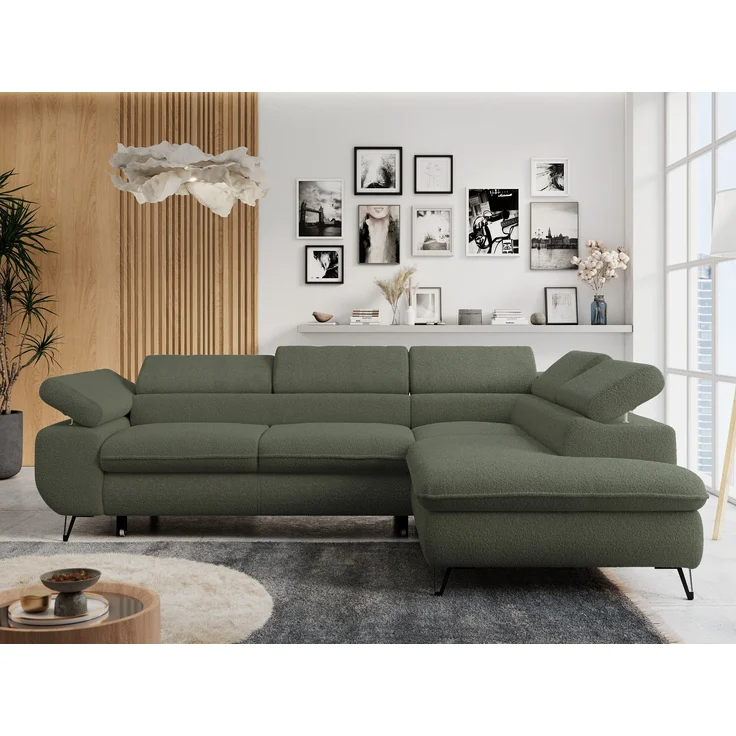 Mks Möbel 'Peter L-form' Ecksofa mit Bettfunktion, Bettkasten & einstellbaren Kopfstützen, Grün, Boucle, mit Topper, rechts
