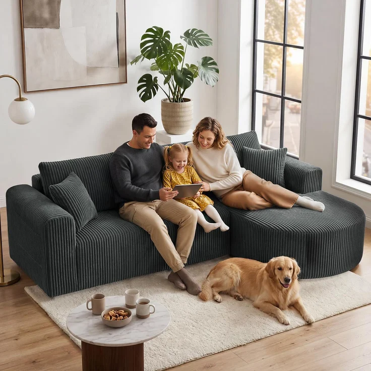 COMHOMA Ecksofa mit Schlaffunktion, 263cm -LCorduroy Modulares Boneless Couch mit Chaiselongue, L-Form Schlafsofa, Sektionssofas mit Kissen & Seitentaschen,Sofa für Wohnzimmer, Keine Montage, Grau – Bild 2