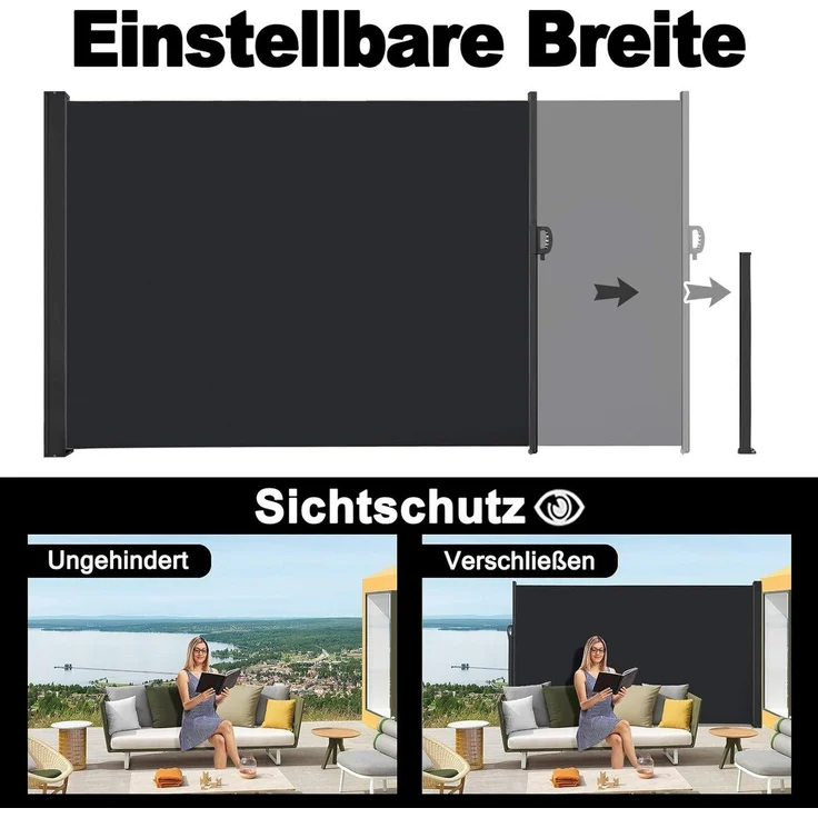 FIVMEN Markise Seitenmarkise Alu Ausziehbar Blickdicht Sonnenschutz mit Wandhalterung Sichtschutz Markise für Balkon, Terrasse, Garten – Bild 2