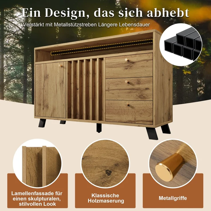 Merax Sideboard Kommode mit 3 Schubladen und 2 Türen Stauraumschrank mit offenem Fach und Lamellenfront im Vintage Stil für Wohnzimmer Esszimmer Flur und Eingangsbereich in dunkler Eiche – Bild 6