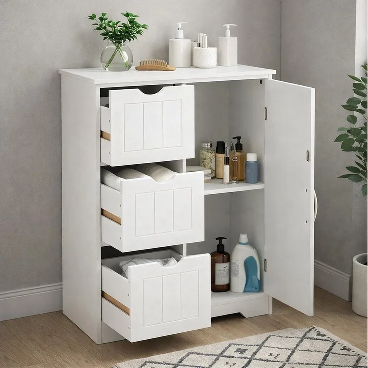 DUMOS Badkommode Badezimmerkommode mit 3 Schubladen (Badezimmerschrank), Schrank mit verstellbarem Regalbrett und 3 Schubladen – Bild 5