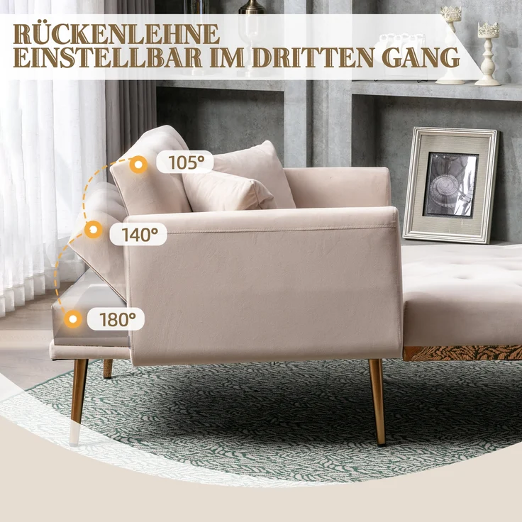 LVHOM Klappsofa mit Schlaffunktion, Schlafsofa Samtbezug mit goldenen Metallbeine, Klappbett Bettsofa Bettcouch, Chaiselounge, Beige – Bild 2