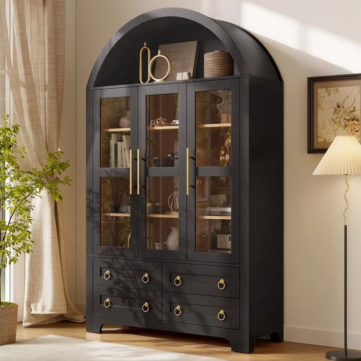 Merax Hochschrank Bogen-Mehrzweckschrank Glasvitrine mit Aluminiumgriffen (Anrichte Sideboard Aufbewahrungsschrank, 1-St, 110 L x 40 B x 185 H cm) Wohnzimmerschrank mit 3 Glastüren,4 Schubladen, offenem Rundbogen-Fach – Bild 1