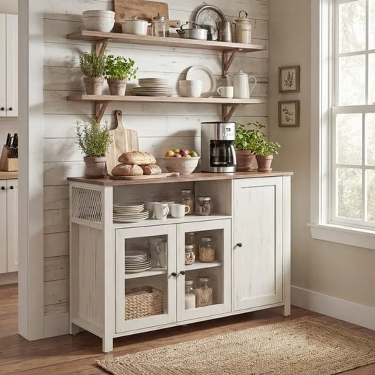 VASAGLE Küchenschrank, 33 x 110 x 75 cm, Aufbewahrungsschrank im Landhausstil, für Esszimmer oder Küche, braun-weiß