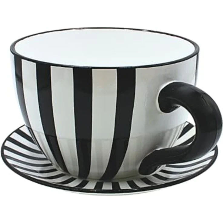 Dekohelden24 Blumentopf, Pflanztasse, Pflanzkübel, Pflanzgefäß, Blumenkübel, Pflanztopf. Übertopf als Tasse mit Griff aus Keramik, Motiv: Schwarz-Weiß-Gestreift, L/B/H 25 x 23 x 14 cm. – Bild 4
