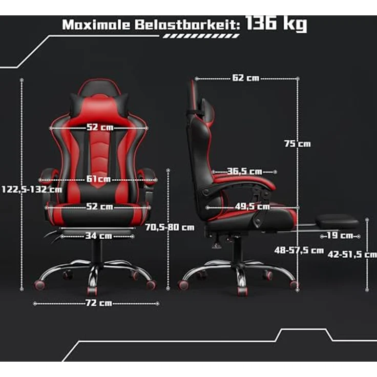 Yaheetech Gaming Stuhl Ergonomischer Gaming Sessel mit Massagefunktion Computerstuhl mit Fußstütze Bürostuhl 90-135° Rückenlehne verstellbar Gamer Stuhl für für Homeoffice und Gaming Rot – Bild 4