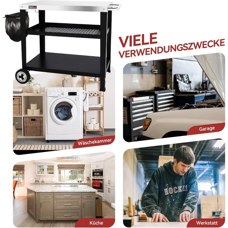 Royal Gourmet Servierwagen 3-Etagen mit Müllsackhalter Küchenwagen Edelstahl Beistelltisch Outdoor Plancha Grilltisch Rollwagen Trolley Silber Arbeitsplatte 85 x 50cm – Bild 6