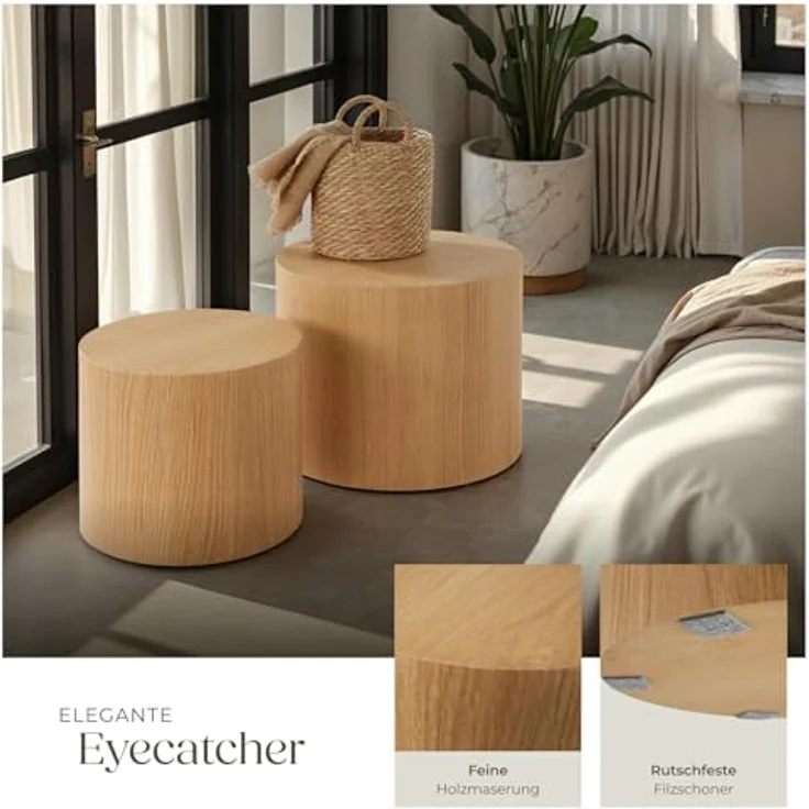 tectake Couchtische Danny, 2er Set aus Eichenfurnier, rund, Ø 48 & 38 cm, stabil und pflegeleicht, komplett montiert – Bild 6