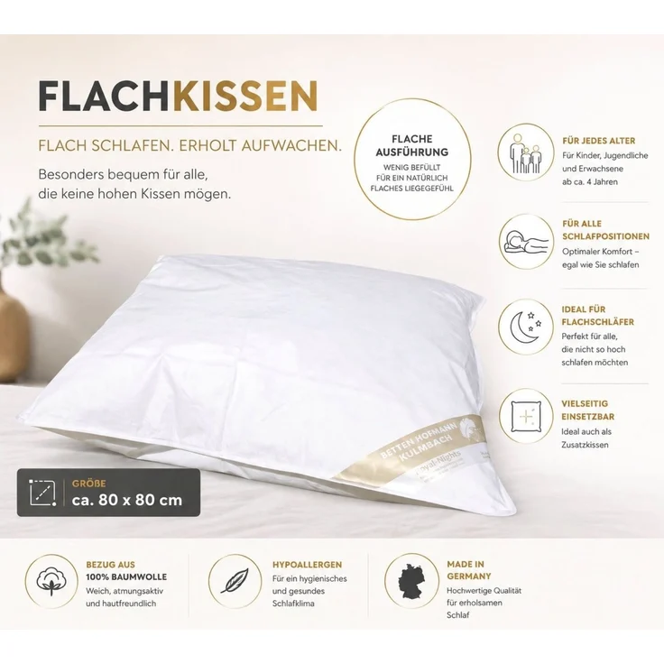 Betten Hofmann Canada Flachkissen 80x80cm Kinderkissen Federkissen 30% Daunen 450g – Bild 3