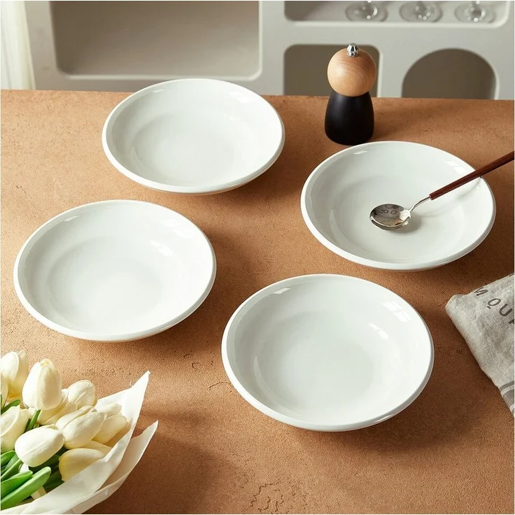 JIWOO Suppenteller 4er Ø22cm, Speiseteller Pastateller Salatteller Dessertteller Plate, (4 St), Keramik Tellerset Weiß mikrowellen- und spülmaschinenfest Ø21,2 cm – Bild 3