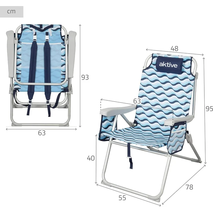 AKTIVE Strandstuhl, klappbar, 64 x 63 x 43/105 cm, Aluminium und Polyester, 5 Positionen, mit Rucksackgriffen, Armlehnen und Seitentaschen, Kippschutz, robust und leicht, Modell Aruba (62416) – Bild 3