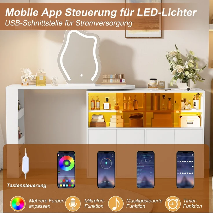 Schminktisch 177x40x131,5 cm mit drehbarer Tischplatte, LED-Spiegel und Stauraum, Weiß – Bild 8