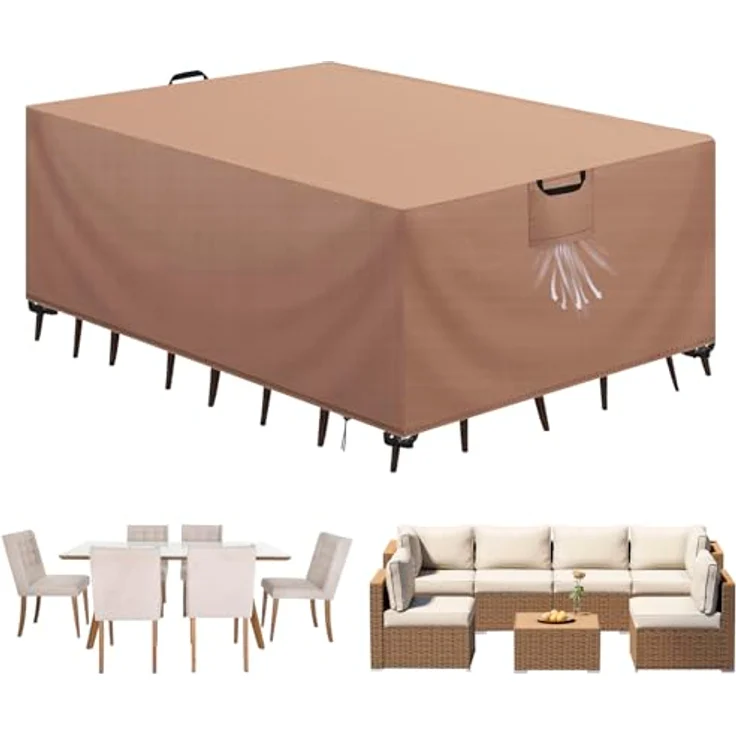 Aujink Abdeckung Gartenmöbel Winterfest, Wasserdichte Schutzhülle Gartenmöbel 420D Oxford Anti-UV Abdeckplane für Gartentische Terrassenmöbel Regenschutz und Staubfest Abdeckhaube Khaki 300 x 250 x 100 cm – Bild 2