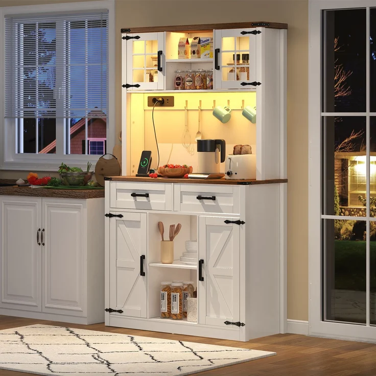ZUBALIYA Buffetschrank 100x40x172 cm, mit LED-Beleuchtung, mit Steckdosen, mit verstellbaren Einlegeböden, aus MDF, Braun / Weiß – Bild 2
