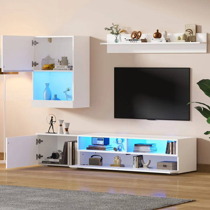 Wohnzimmermöbel 3 Set mit LED-Beleuchtung, TV Lowboard mit 2 offenen Fächern & 2 Türen,Wandschrank & Wandregal – Bild 4