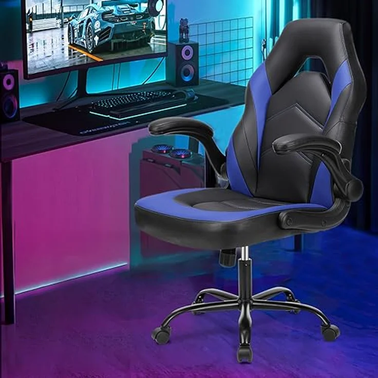 Sweetcrispy Gaming-Stuhl – Computerstuhl Ergonomischer Bürostuhl PU-Leder Schreibtischstuhl Chefsessel Verstellbarer Drehstuhl Arbeitsstuhl mit hochklappbarer Armlehne – Bild 3