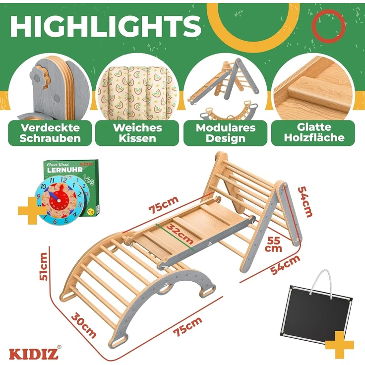 KIDIZ® Klettergerüst Montessori 7in1 Spiel-Set mit Kletterbogen Rutsche Kletterdreieck aus Holz inklusive Kissen, Tafel & Lern-Uhr | Indoor Spielplatz für Kleinkinder ab 1 Jahr & Kinder bis 3 Jahre Grau / Hellbraun – Bild 8