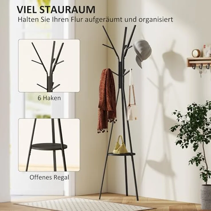 HOMCOM Garderobenständer Kleiderständer mit 8 Haken, (Kleidungsständer, 1 St, Standgarderobe), Metall, Schwarz, 45 x 45 x 180 cm – Bild 4