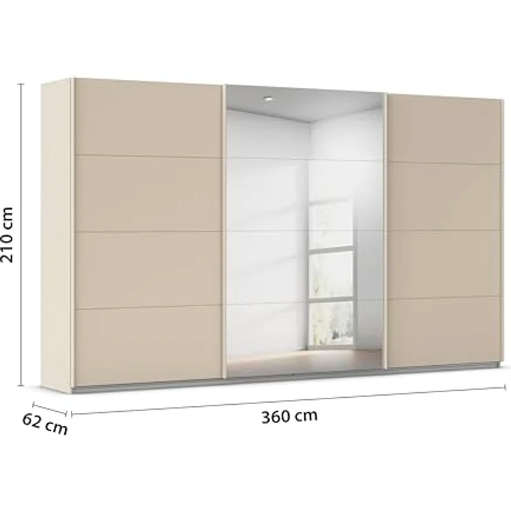 Rauch Möbel Kulmbach, Kleiderschrank mit Schwebetüren für Schlafzimmer, Kinderzimmer, Jugendzimmer, Garderobe, Flur, 3-türig, mit Spiegel, Zubehör Classic, Farbe Beige, Breite 360 cm – Bild 3