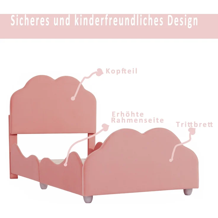 Polsterbett 90x200 cm Kinderbett aus Samt in Rosa mit Seitenschutz und wolkenförmigem Kopfteil – Bild 6