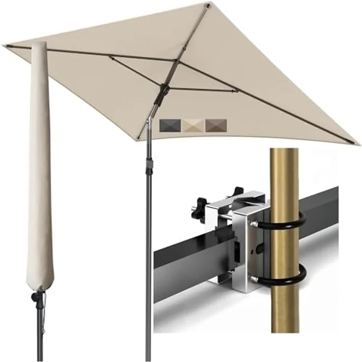 Menz Sonnenschirm Balkon - 3-IN-1 Sonnenschutz Balkon SET in Beige, UPF 50+ Sonnenschirm rechteckig 200x125 cm + Metall Sonnenschirmhalter Balkongeländer + Sonnenschirmhülle – Bild 1