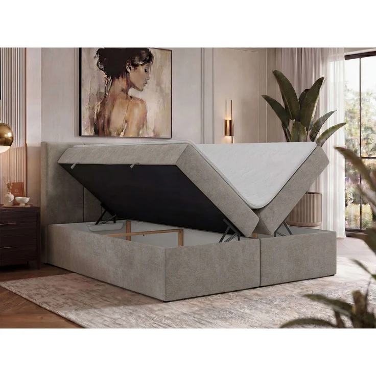Boxspringbett INERO 160 x 200 mit Matratze H3 und Topper T25, 7-Zonen-Multipocket-Kern, zwei Bettkästen, Doppelbett, gepolstert Kopfteil - Greige Stukture – Bild 4