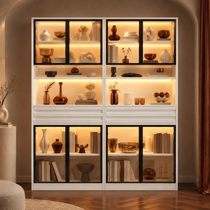 Vitrinen-Set aus MDF, 2 Stück je B 80 x T 35 x H 200 cm, weiß, mit Glastüren und LED-Beleuchtung