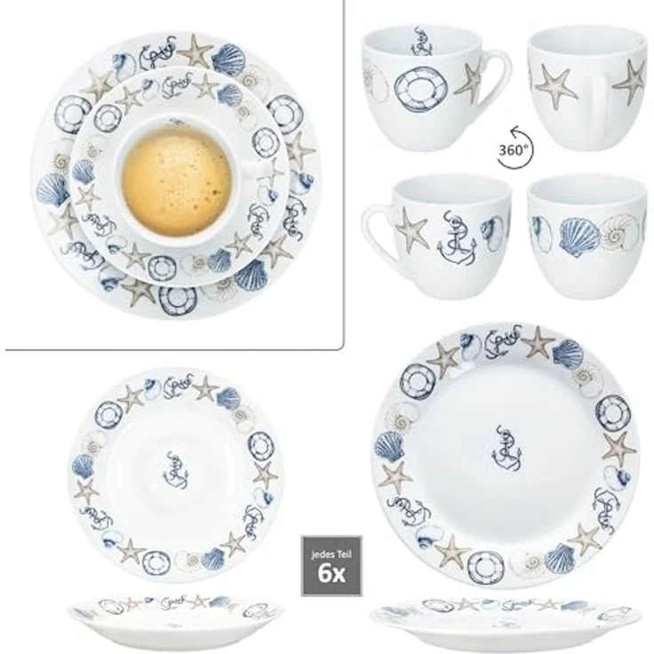 MamboCat Kaffeeservice Neptun 18tlg Kaffeeservice Porzellan 6Pers Tasse Teller Anker maritim, Porzellan – Bild 4