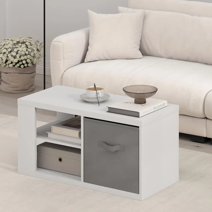 Furinno Viola Couchtisch, Beistelltisch mit offenen Regalen und Aufbewahrungsbox, Weiß/Hellgrau – Bild 2